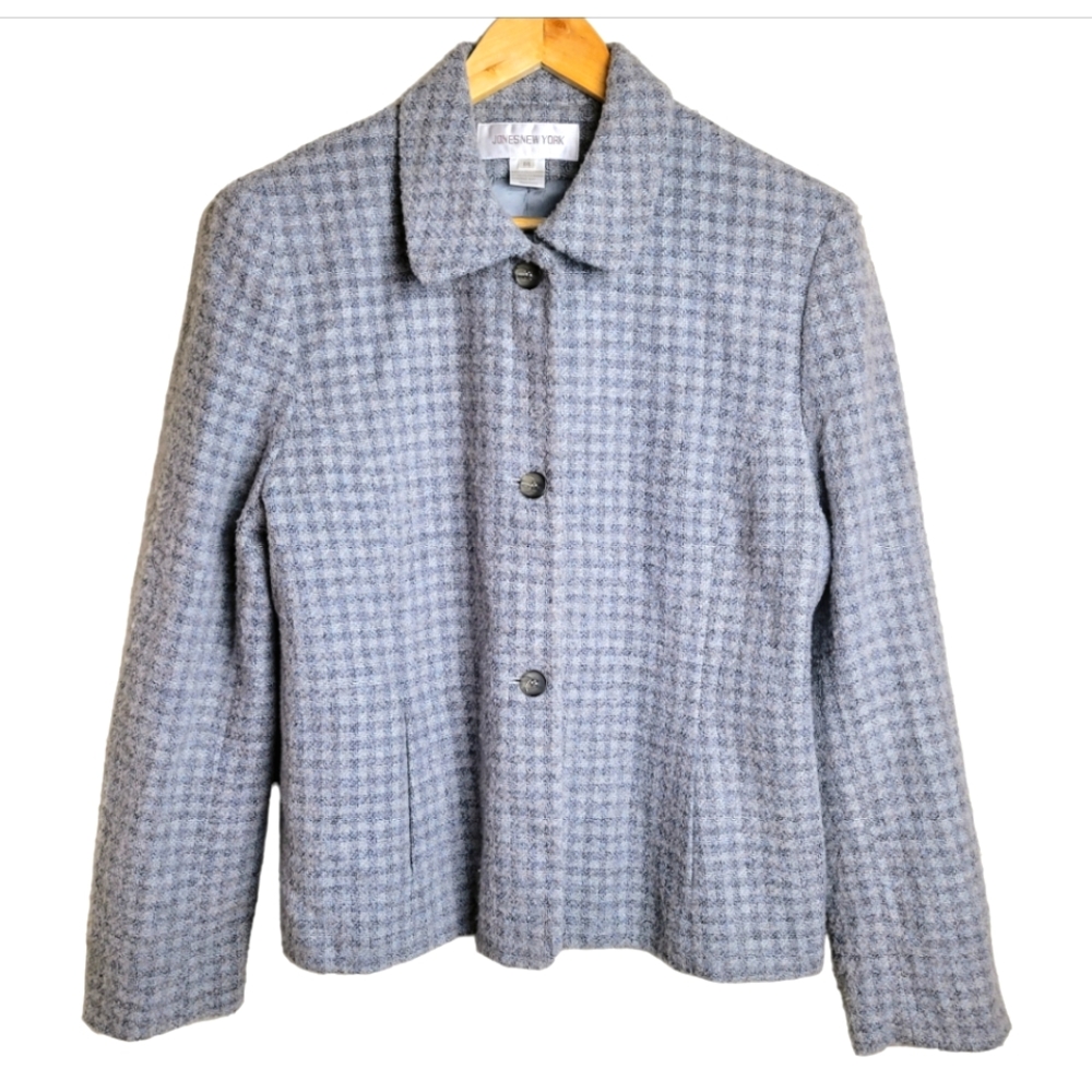 Jones New York Vintage Plaid Wool Blazer Gray Size 14